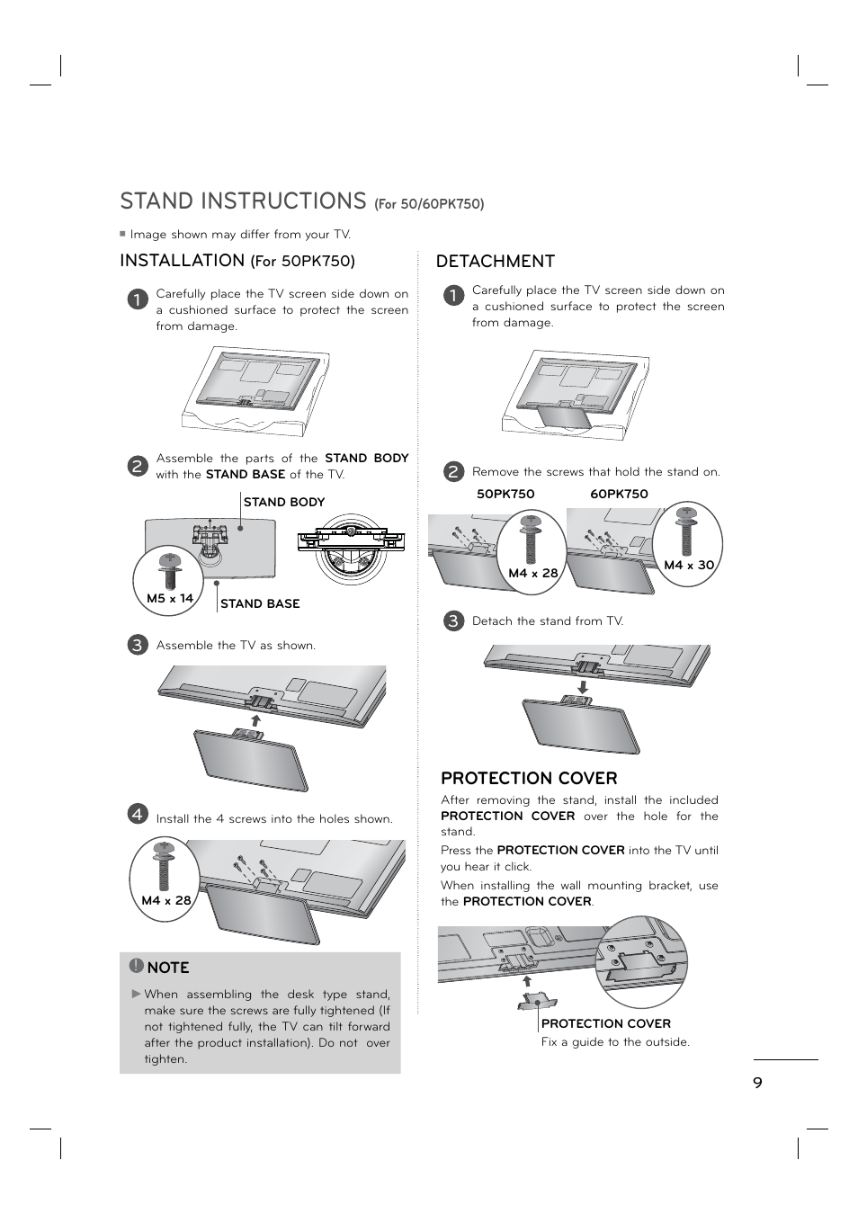 Stand instructions, Installation, Protection cover | Detachment | LG 55LE5400 User Manual | Page 9 / 39
