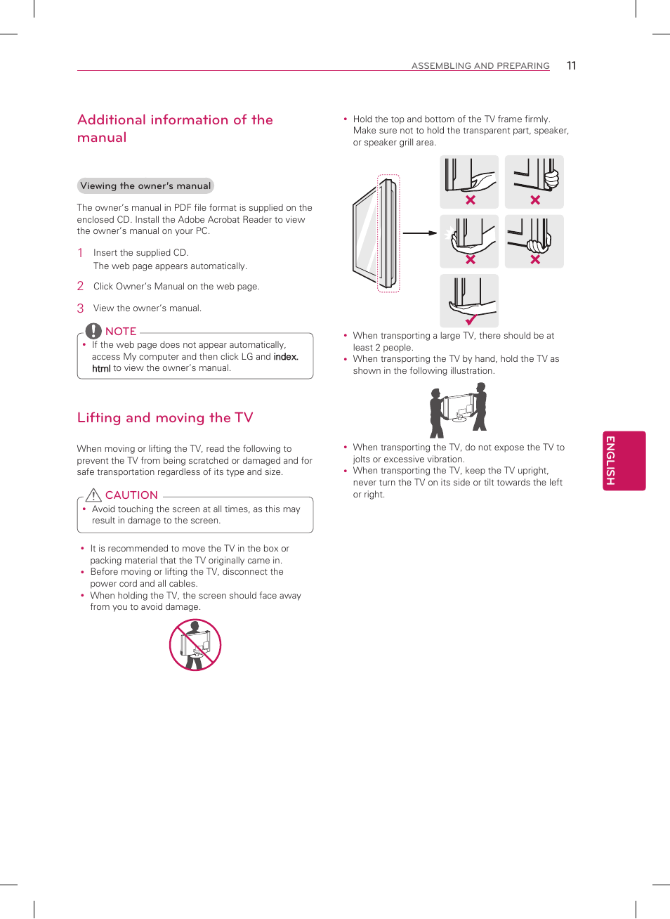 Lifting and moving the tv, Additional information of the manual | LG 32LN530B User Manual | Page 11 / 32