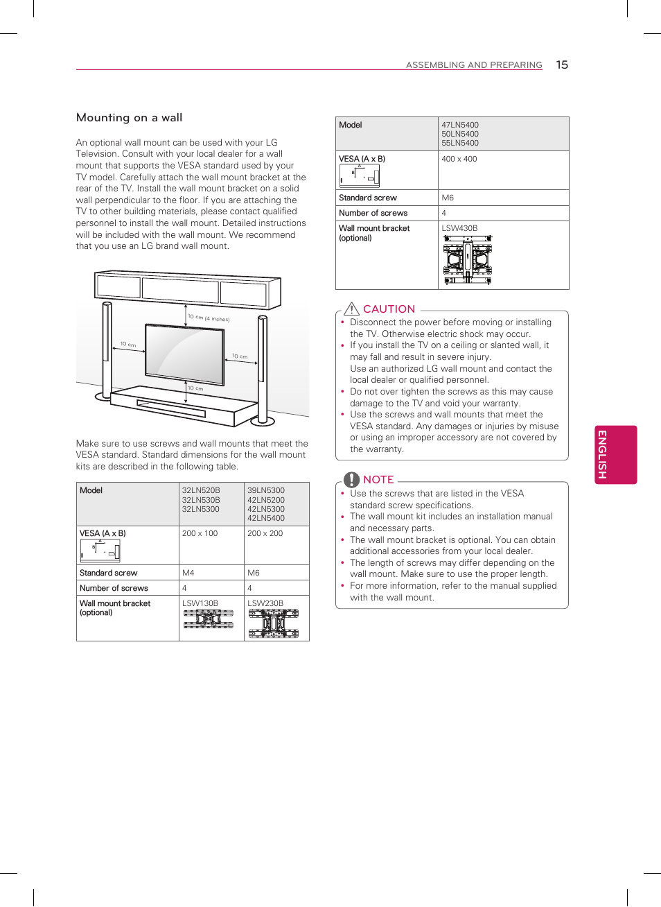 Mounting on a wall, English, Caution | LG 32LN530B User Manual | Page 15 / 32