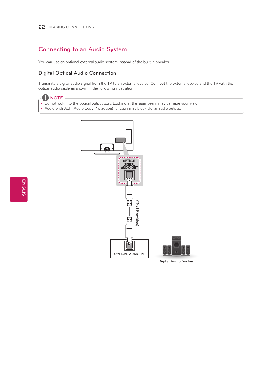 Connecting to an audio system, Digital optical audio connection | LG 32LN530B User Manual | Page 22 / 32