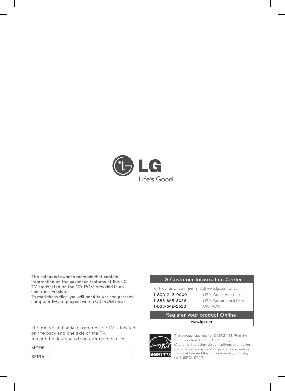 Lg customer information center, Register your product online | LG 32LN530B User Manual | Page 32 / 32
