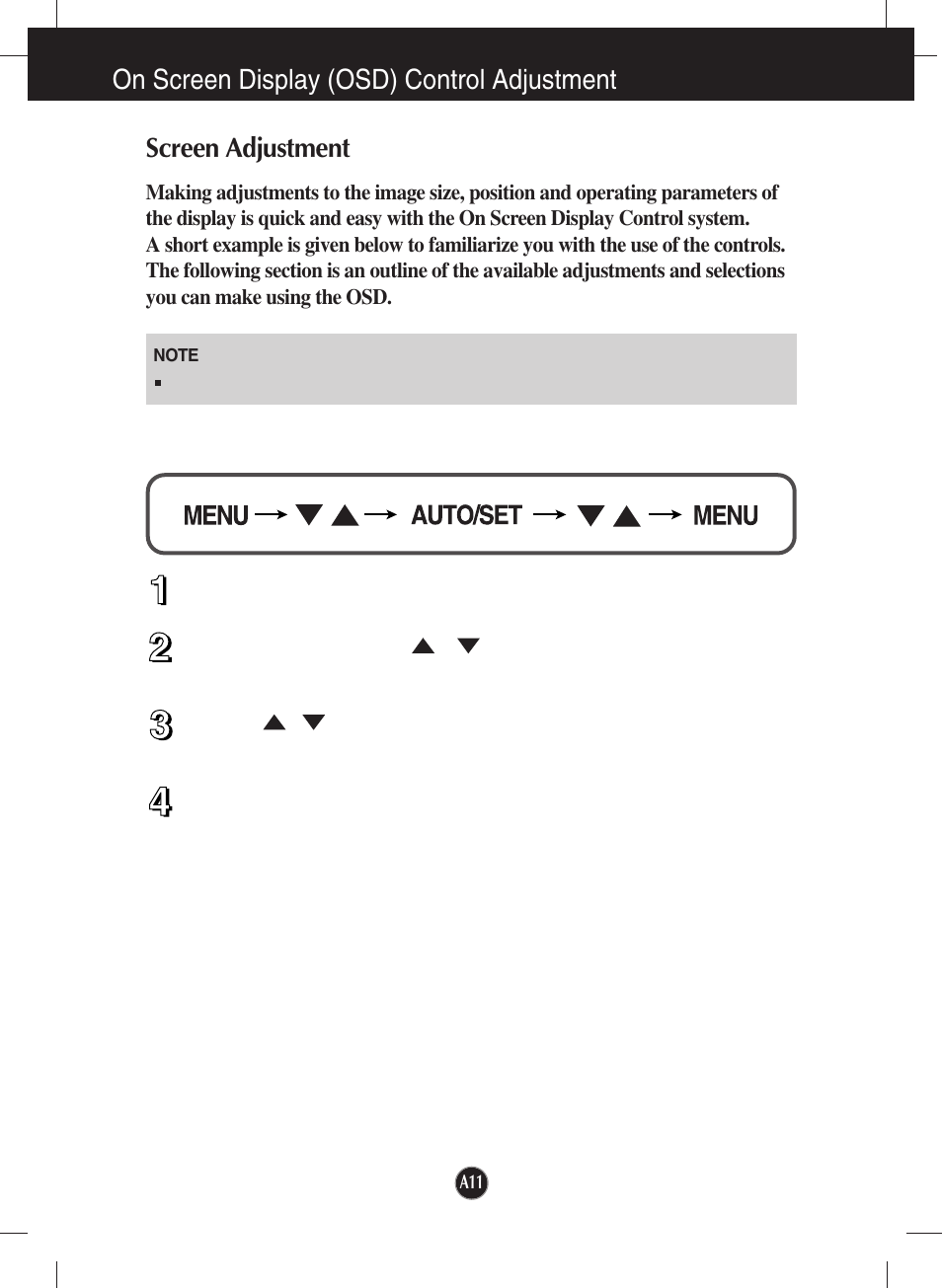 On screen display (osd) control adjustment, Screen adjustment | LG W2253VP-PF User Manual | Page 12 / 29