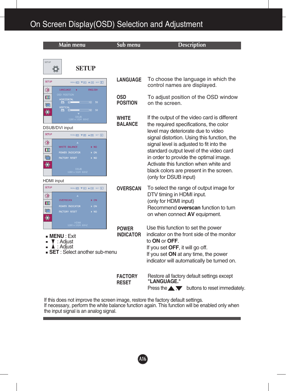 Setup, On screen display(osd) selection and adjustment | LG W2253VP-PF User Manual | Page 17 / 29