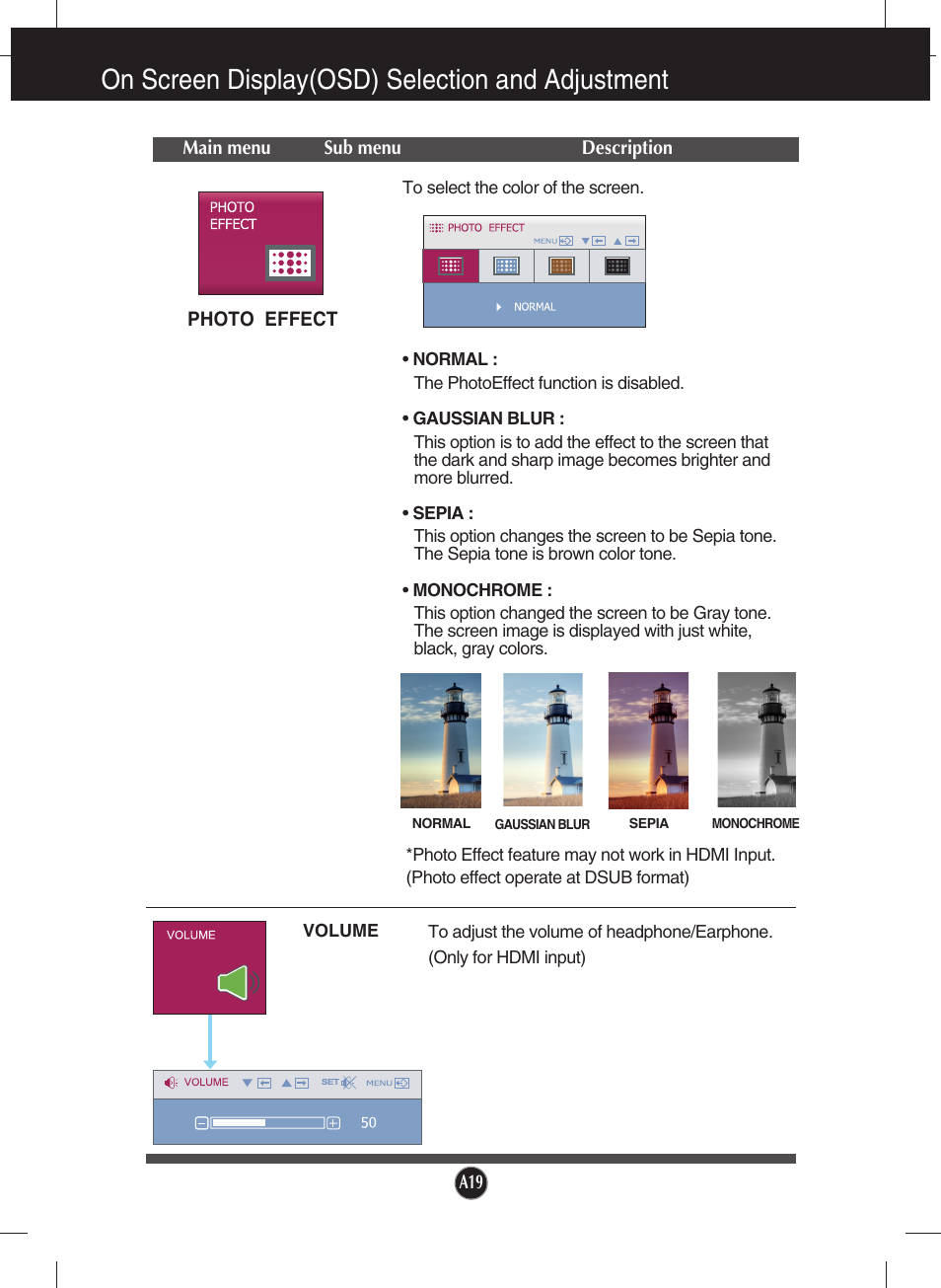 Photo effect, Volume, On screen display(osd) selection and adjustment | LG W2253VP-PF User Manual | Page 20 / 29