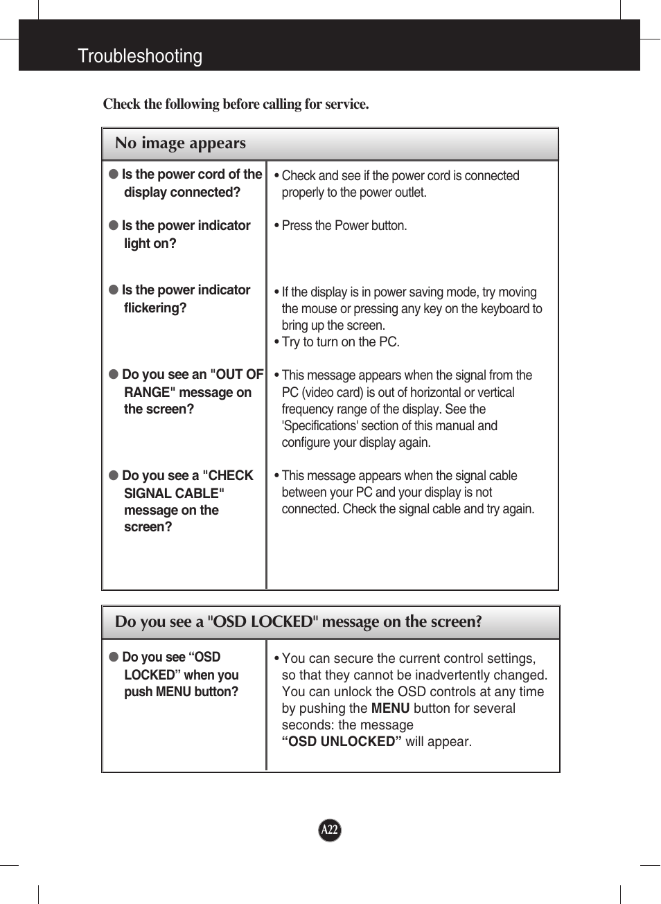 Troubleshooting, No image appears, Do you see a "osd locked" message on the screen | LG W2253VP-PF User Manual | Page 23 / 29
