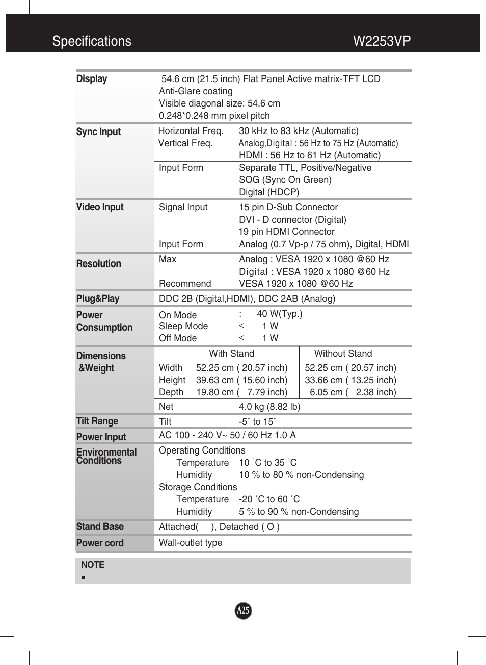 Specifications, W2253vp, Specifications w2253vp | LG W2253VP-PF User Manual | Page 26 / 29