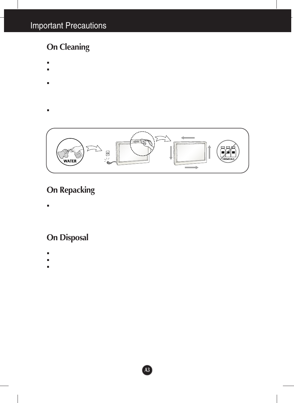 On cleaning, On repacking, On disposal | Important precautions on cleaning | LG W2253VP-PF User Manual | Page 4 / 29
