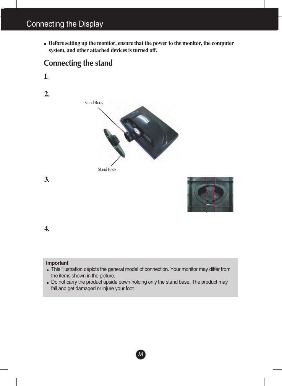 Connecting the display, Connecting the stand | LG W2253VP-PF User Manual | Page 5 / 29