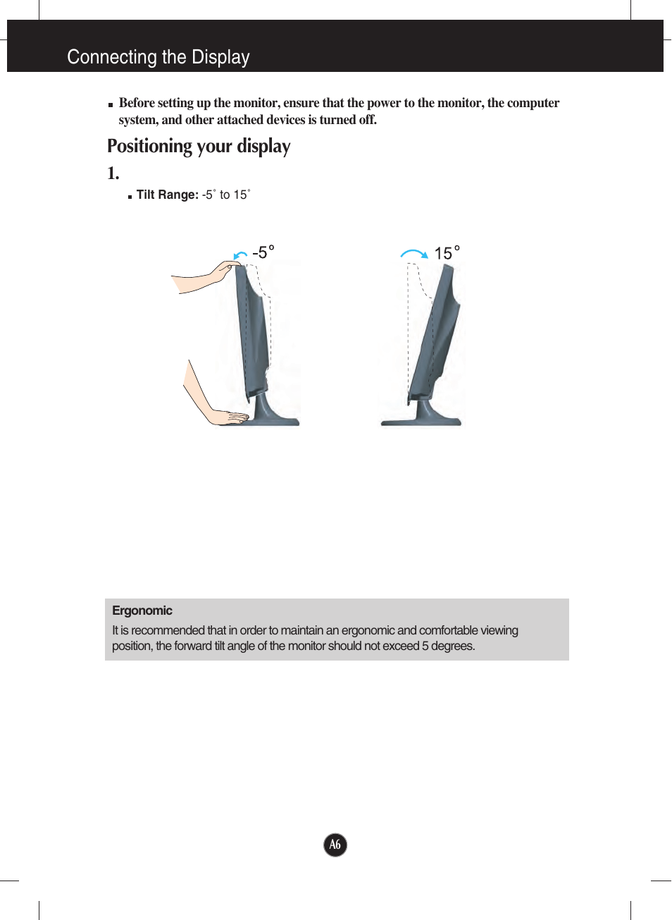 Positioning your display, Connecting the display | LG W2253VP-PF User Manual | Page 7 / 29