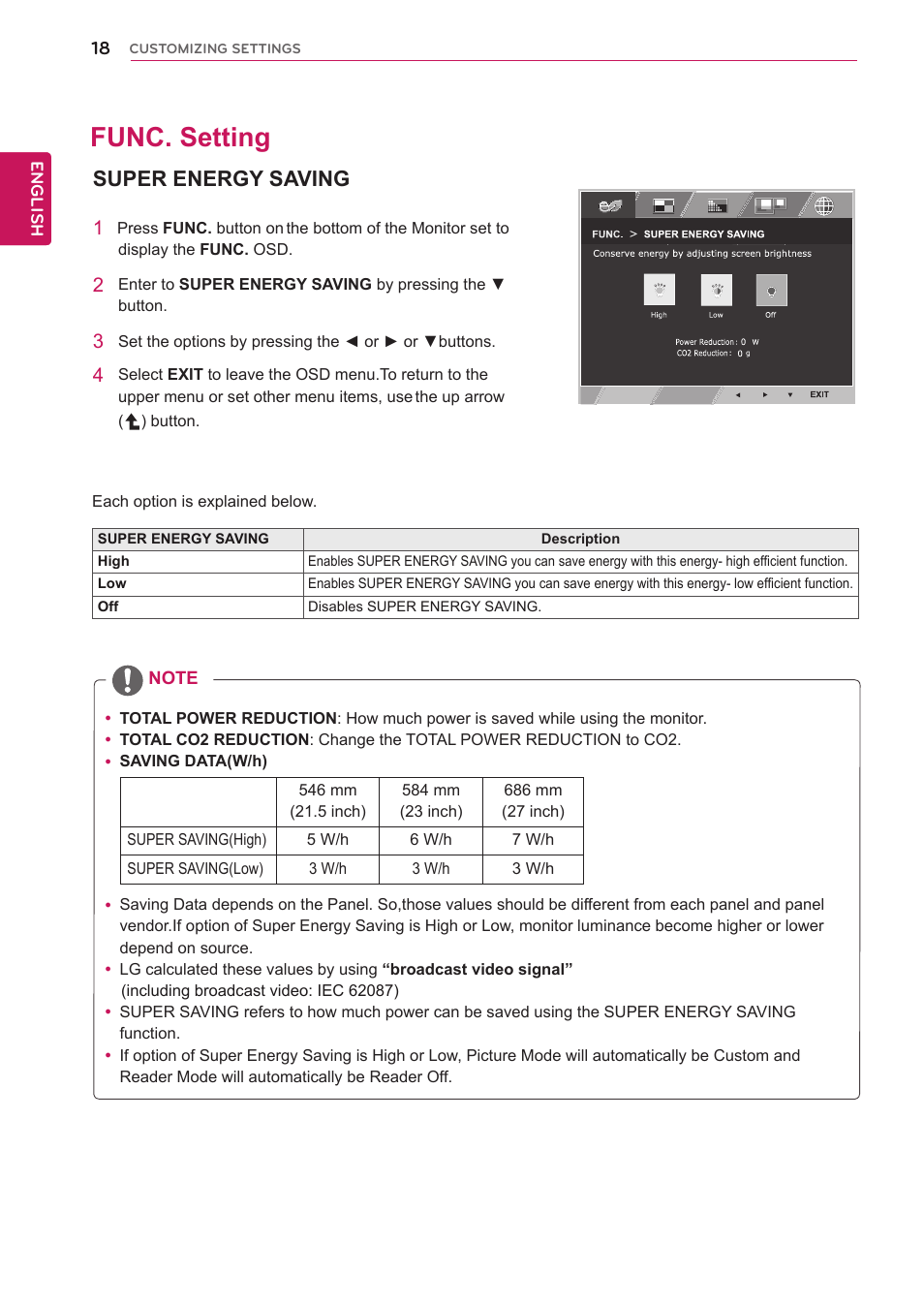 Func. setting, Super energy saving, 18 func. setting 18 | See p.18~21 | LG 27MP65HQ-P User Manual | Page 18 / 29