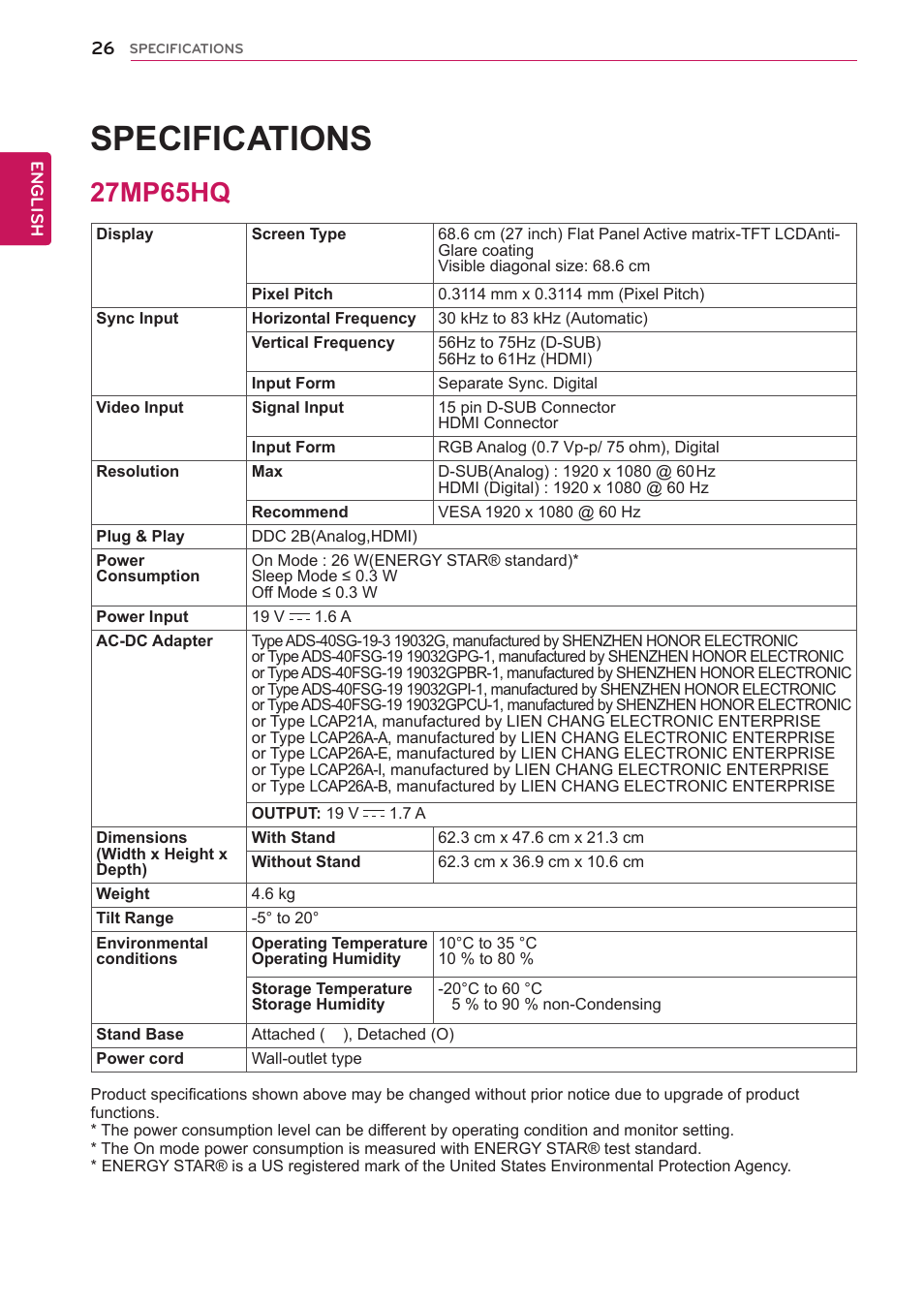 27mp65hq, 26 27mp65hq, Specifications | LG 27MP65HQ-P User Manual | Page 26 / 29