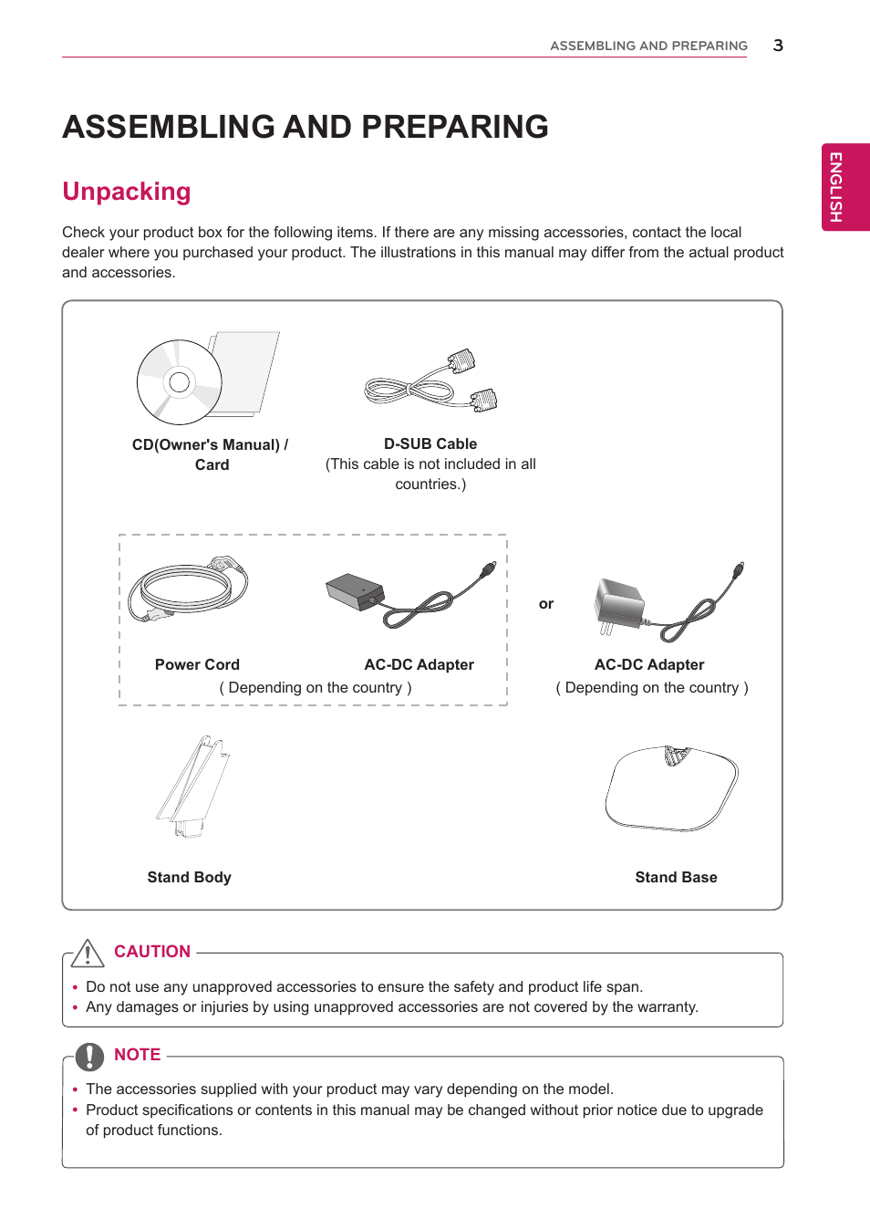 Assembling and preparing, Unpacking, Assembling and prepar | LG 27MP65HQ-P User Manual | Page 3 / 29