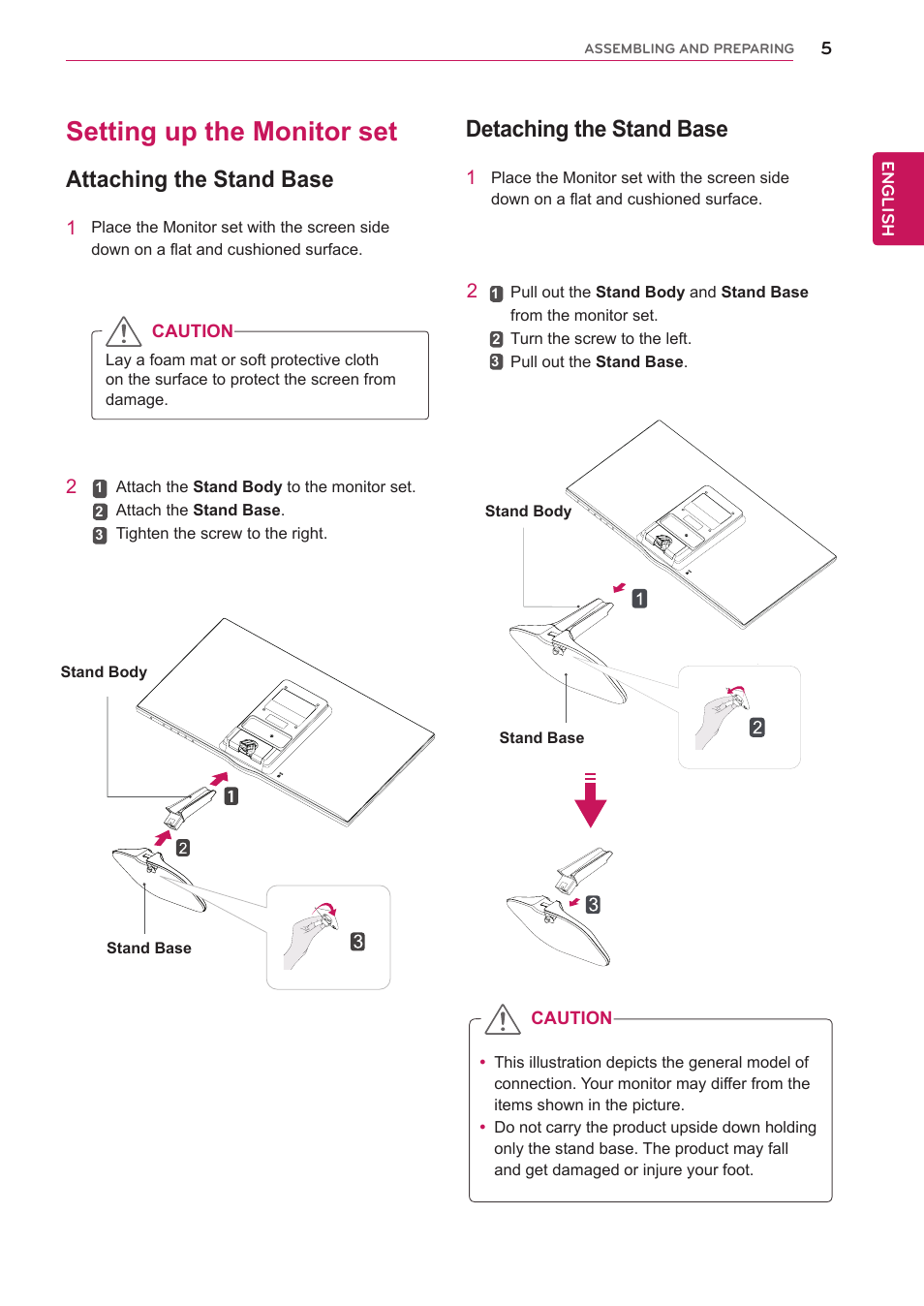 Setting up the monitor set, Attaching the stand base, Detaching the stand base | LG 27MP65HQ-P User Manual | Page 5 / 29