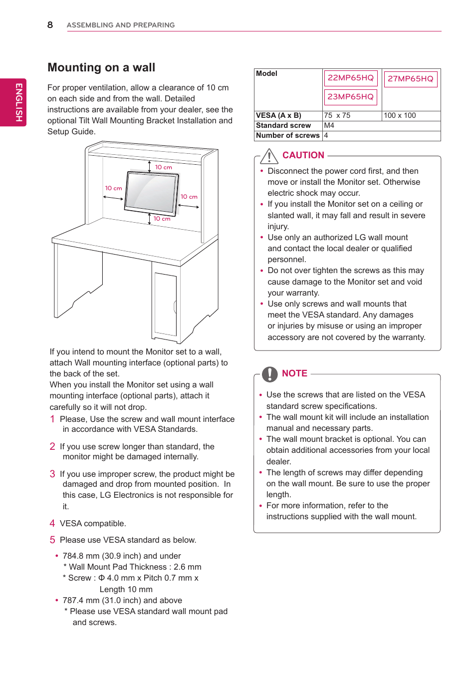 Mounting on a wall | LG 27MP65HQ-P User Manual | Page 8 / 29