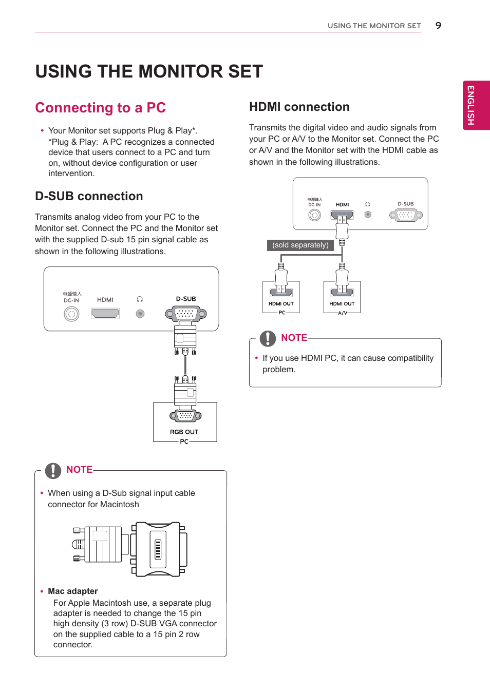 Using the monitor set, Connecting to a pc, D-sub connection | Hdmi connection | LG 27MP65HQ-P User Manual | Page 9 / 29