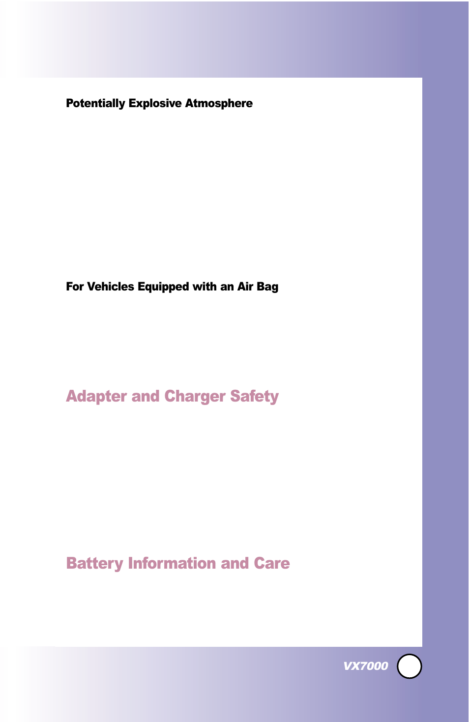 Adapter and charger safety, Battery information and care | LG LGVX7000 User Manual | Page 102 / 124