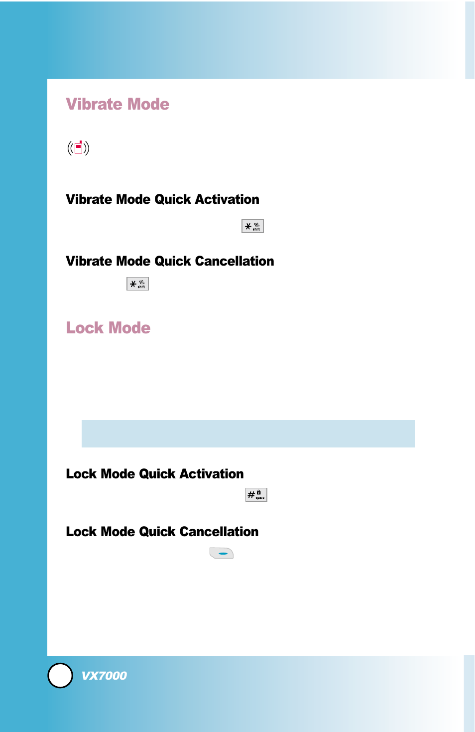 Quick access to convenient featur, Quick access to convenient featur es es, Vibrate mode | Lock mode | LG LGVX7000 User Manual | Page 21 / 124