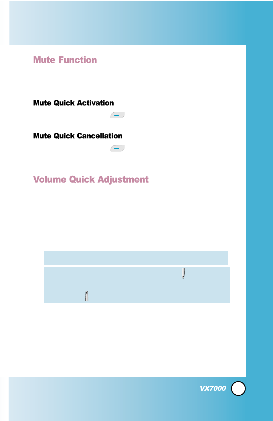 Mute function, Volume quick adjustment | LG LGVX7000 User Manual | Page 22 / 124