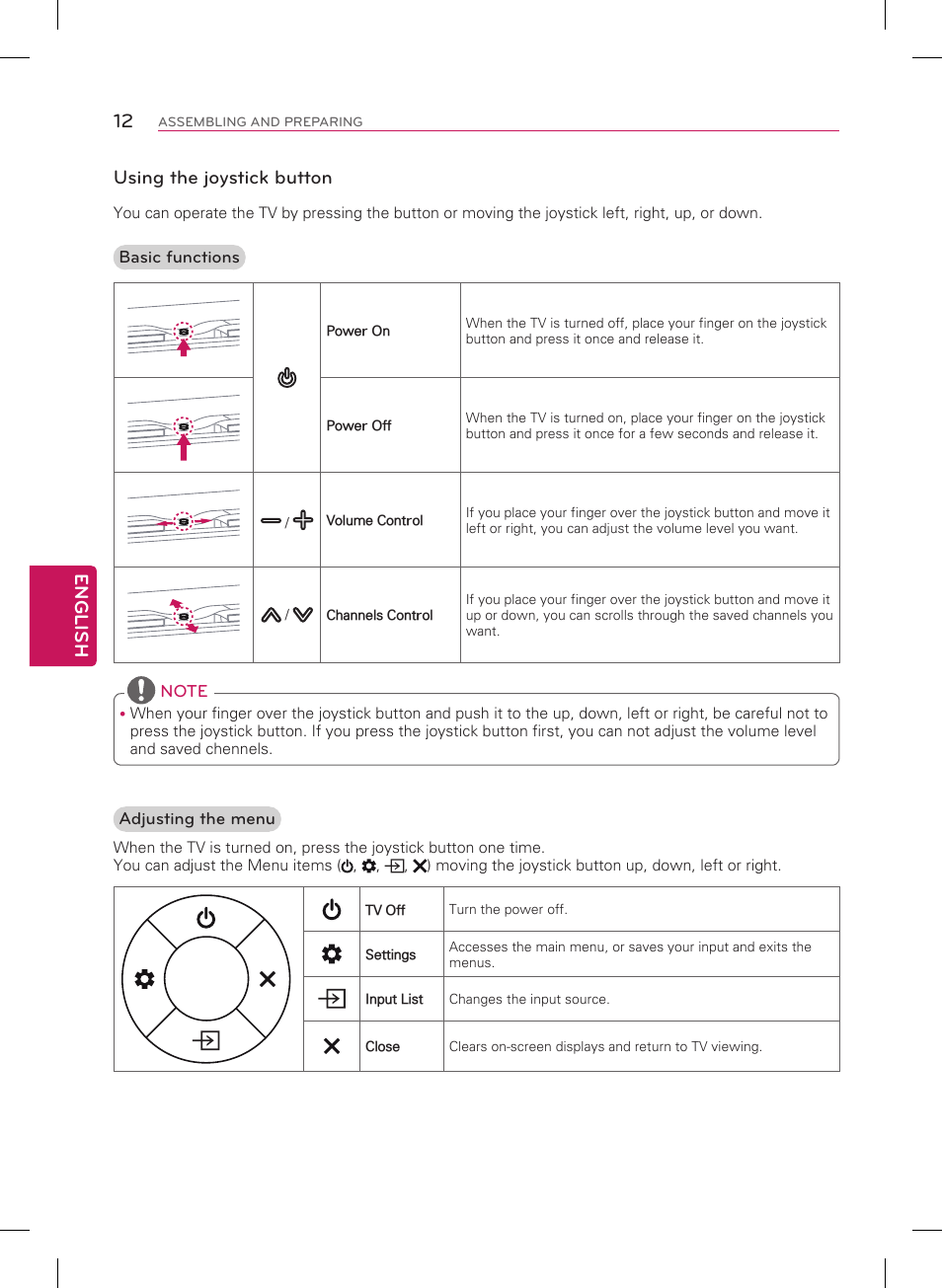 English 12, Using the joystick button | LG 42LN5200 User Manual | Page 12 / 48