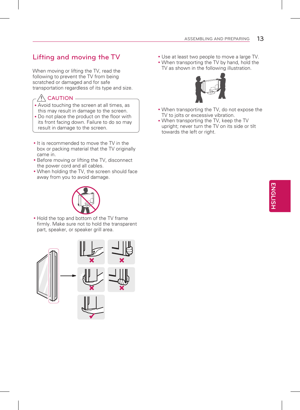 Lifting and moving the tv, English | LG 42LN5200 User Manual | Page 13 / 48