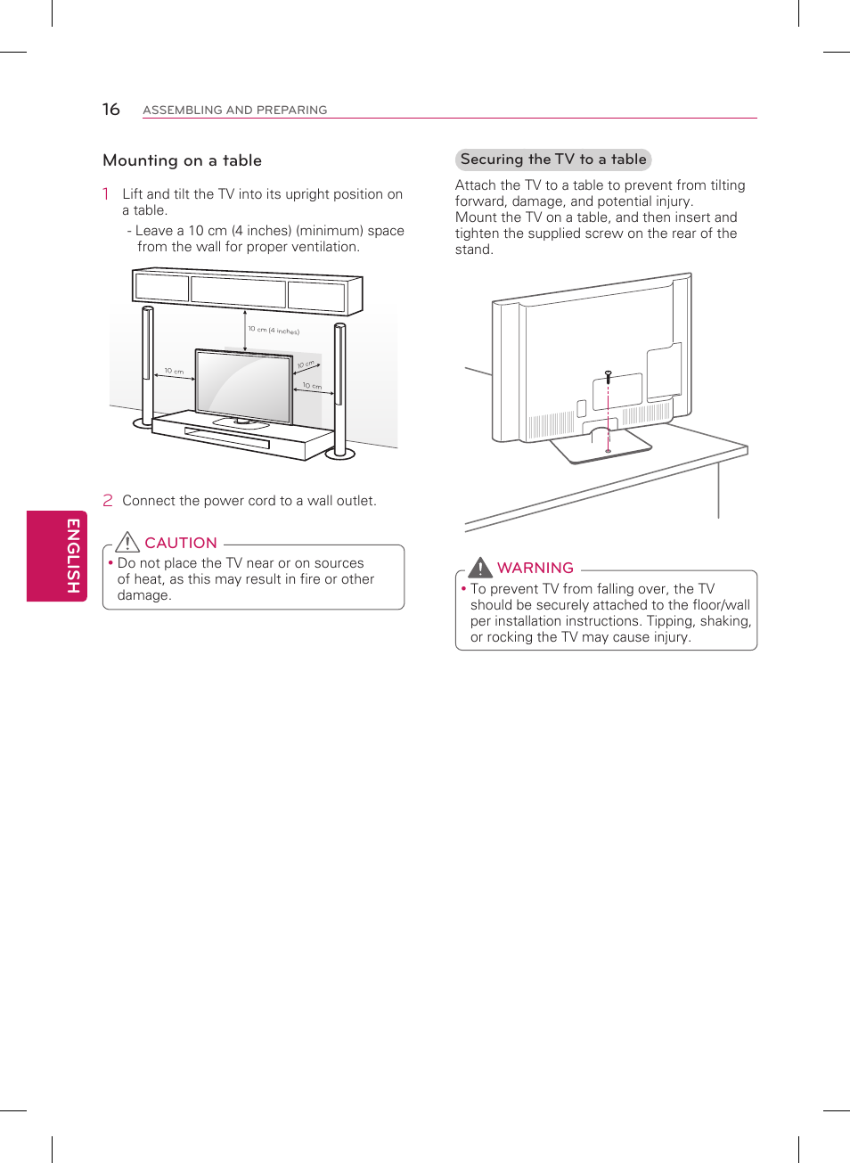 English 16, Mounting on a table 1 | LG 42LN5200 User Manual | Page 16 / 48