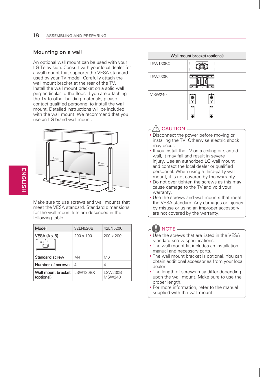 English 18, Mounting on a wall | LG 42LN5200 User Manual | Page 18 / 48