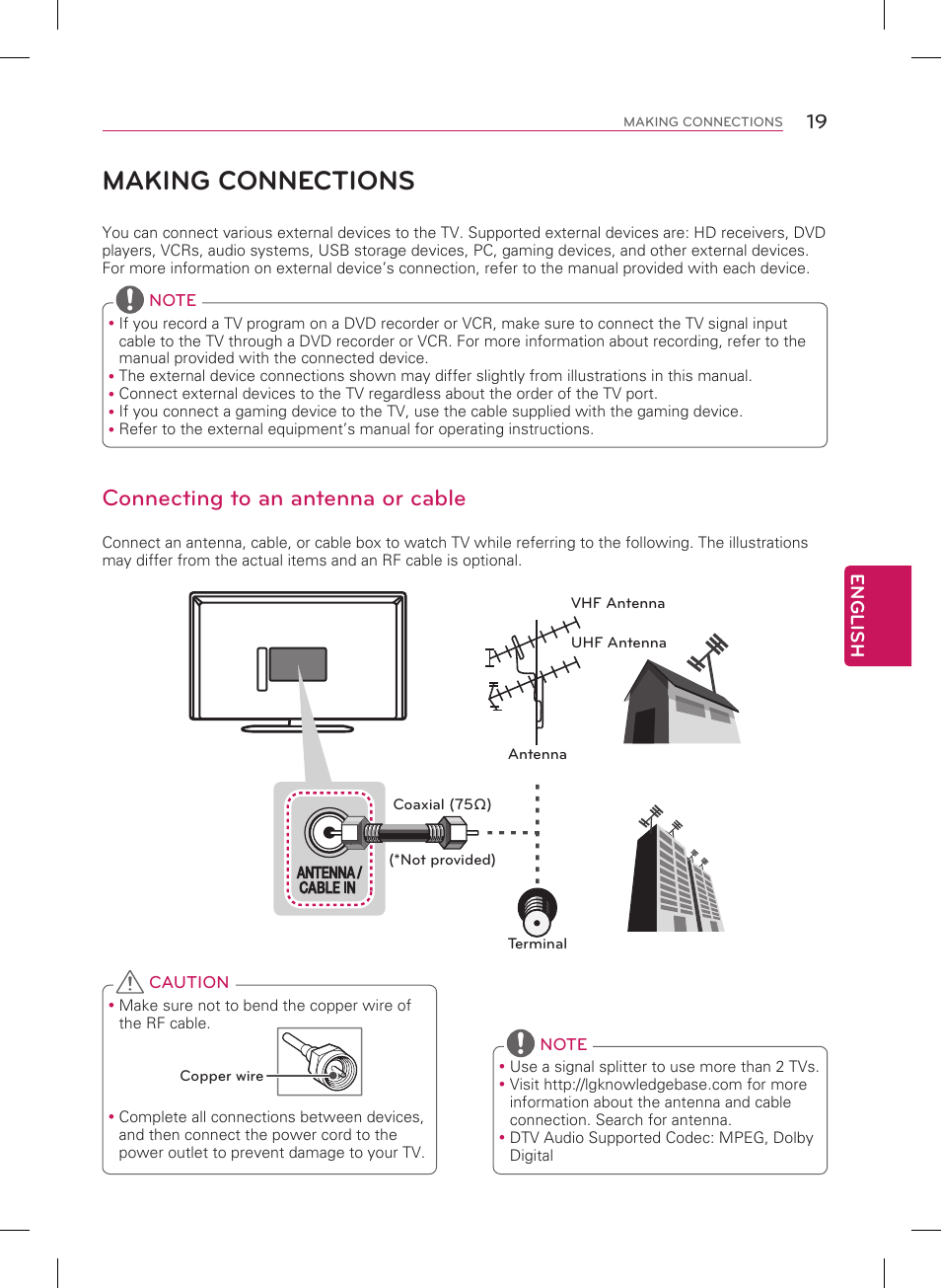 Making connections, Connecting to an antenna or cable | LG 42LN5200 User Manual | Page 19 / 48