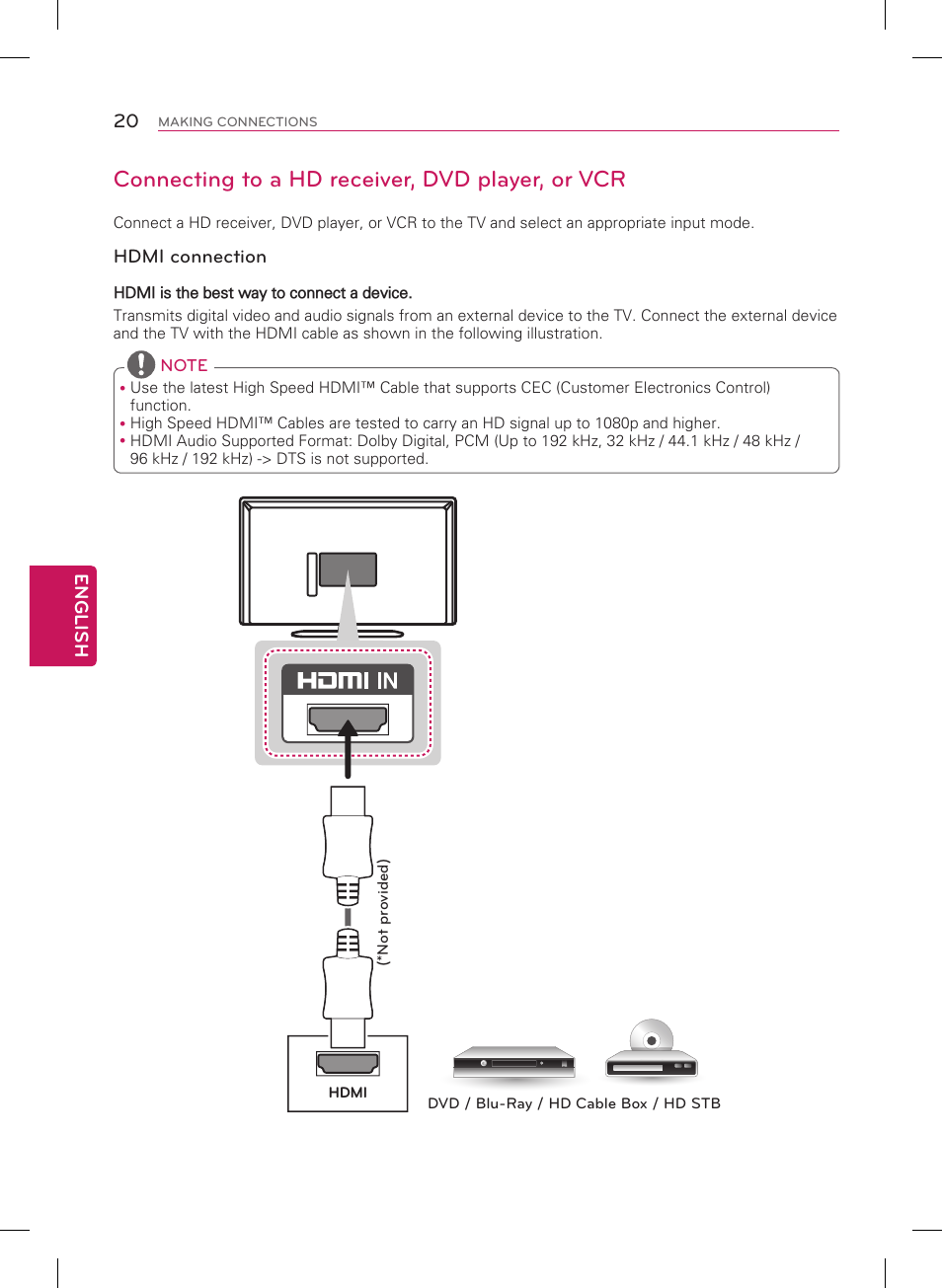 Connecting to a hd receiver, dvd player, or vcr | LG 42LN5200 User Manual | Page 20 / 48