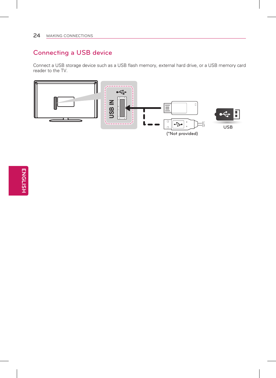 Connecting a usb device, Usb in | LG 42LN5200 User Manual | Page 24 / 48