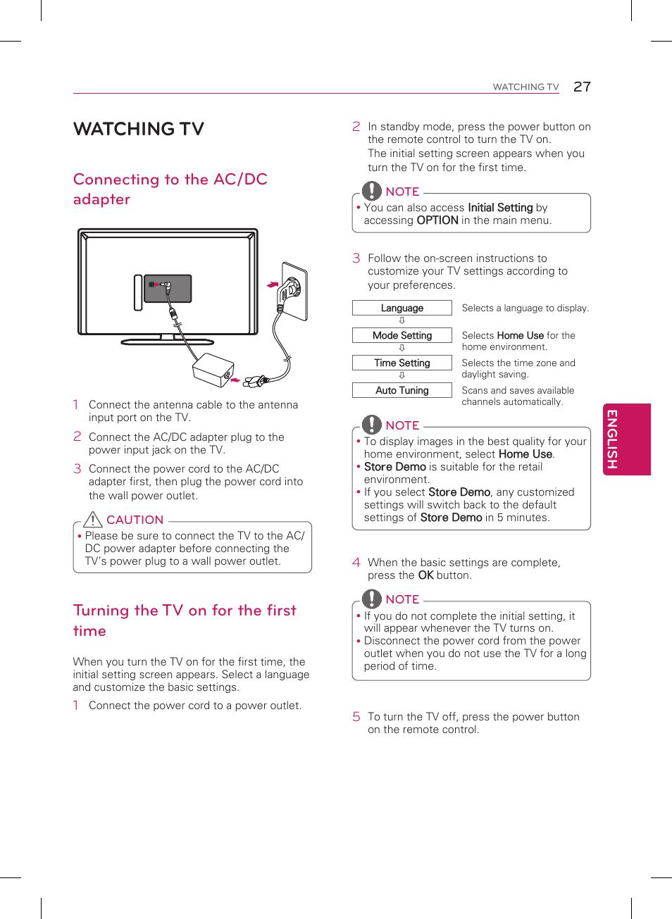 Watching tv, Connecting to the ac/dc adapter, Turning the tv on for the first time | LG 42LN5200 User Manual | Page 27 / 48