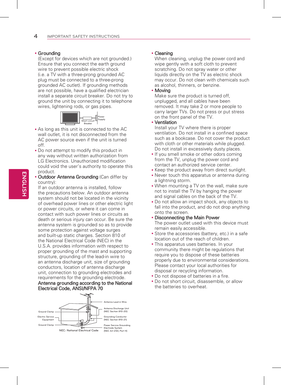 English 4, Short-circuit breaker power supply | LG 42LN5200 User Manual | Page 4 / 48