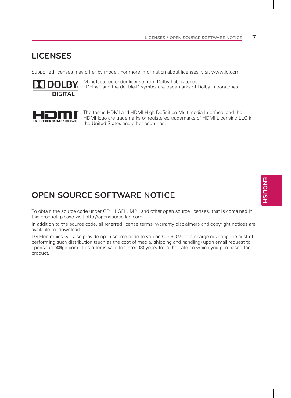 Licenses, Open source software notice | LG 42LN5200 User Manual | Page 7 / 48