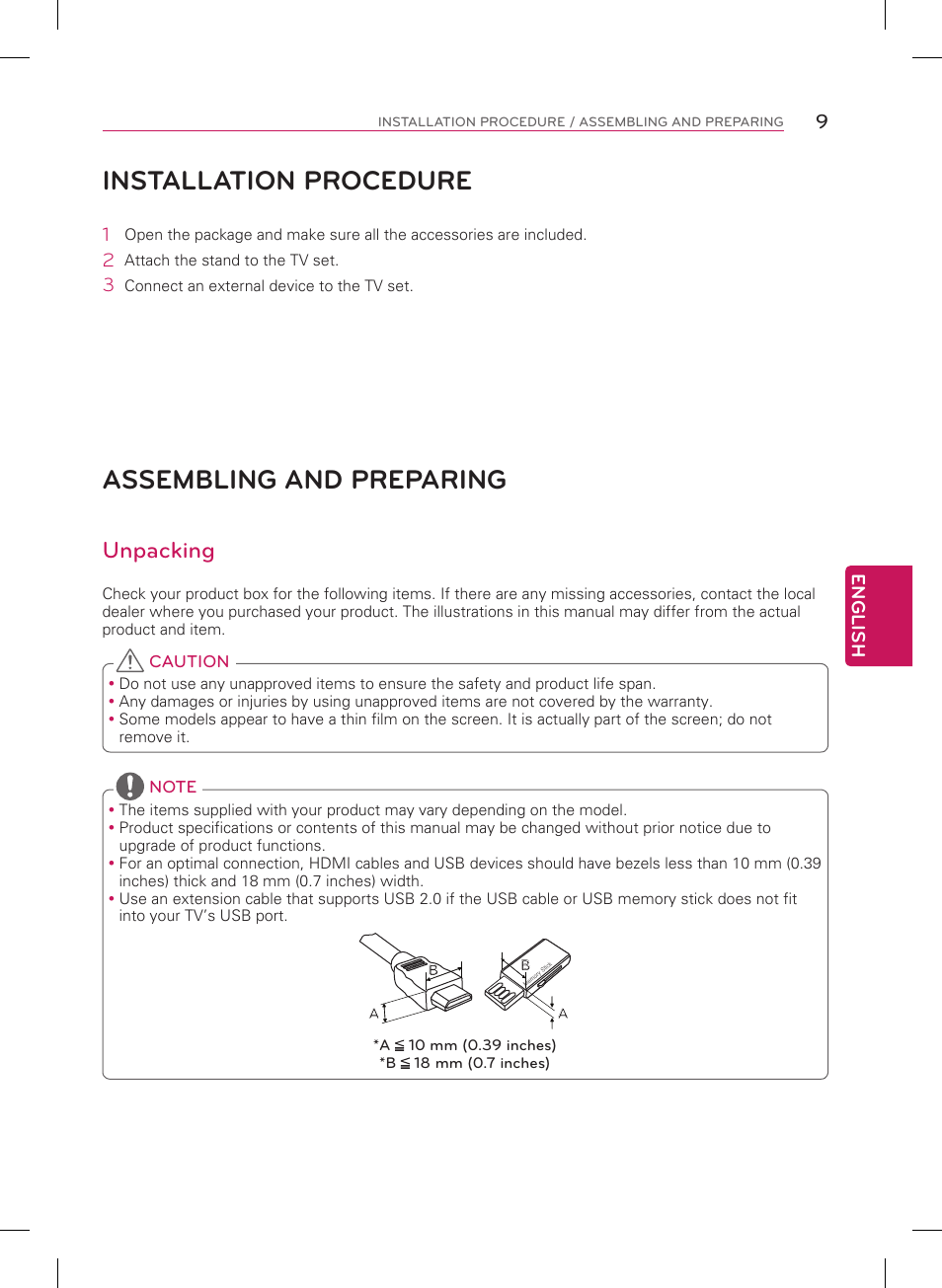 Installation procedure, Assembling and preparing, Unpacking | LG 42LN5200 User Manual | Page 9 / 48