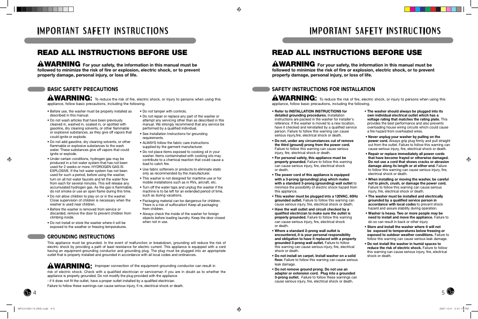 Wwarning, Read all instructions before use | LG wm2455hw User Manual | Page 3 / 41