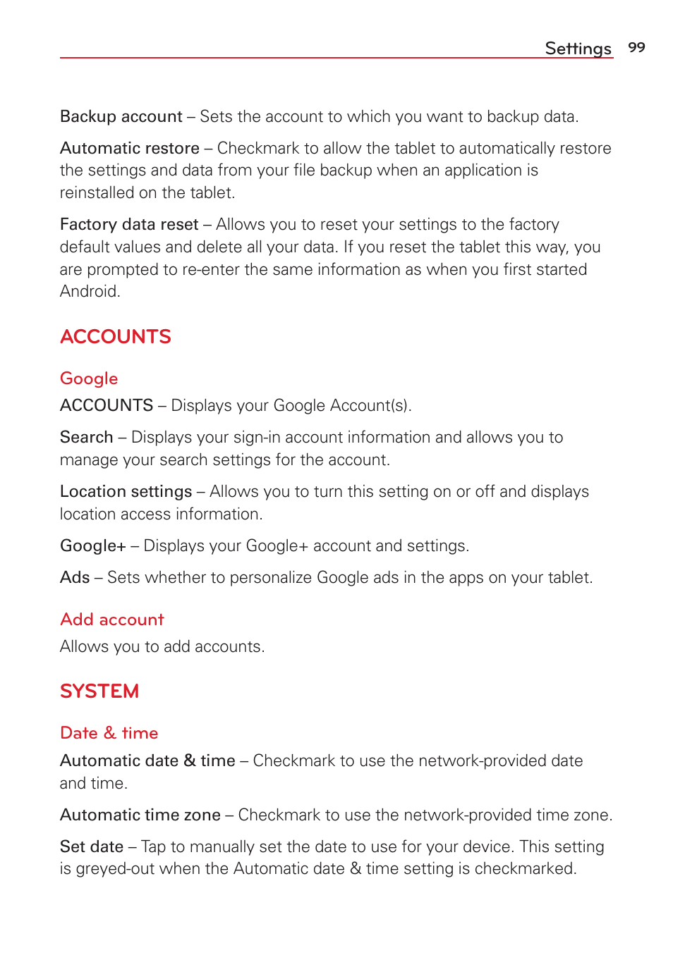 Accounts, System | LG LGVK810 User Manual | Page 101 / 142