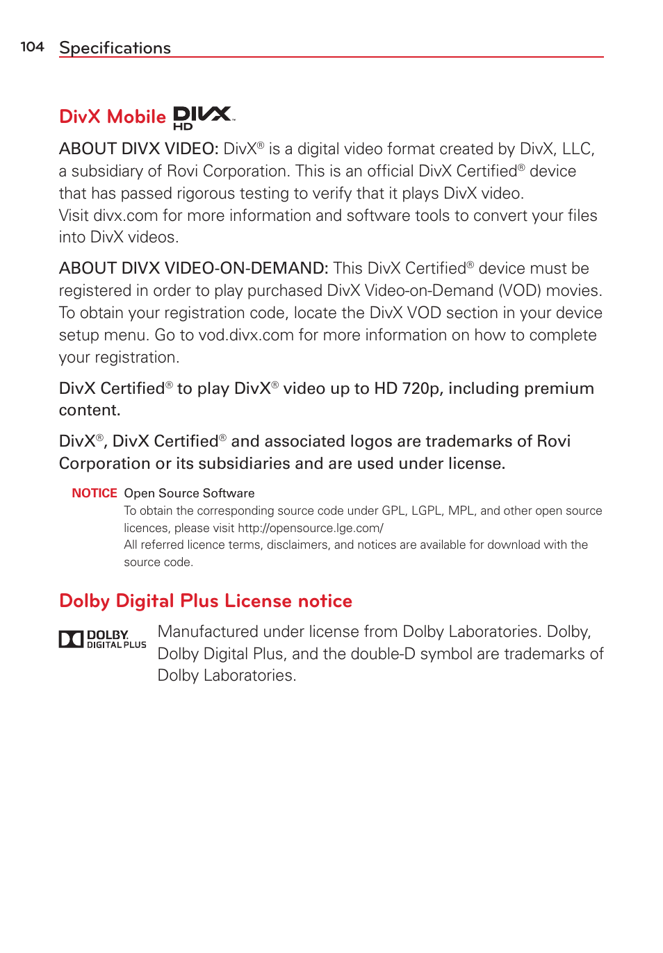 Specifications, Speciﬁcations, Divx mobile | Dolby digital plus license notice | LG LGVK810 User Manual | Page 106 / 142