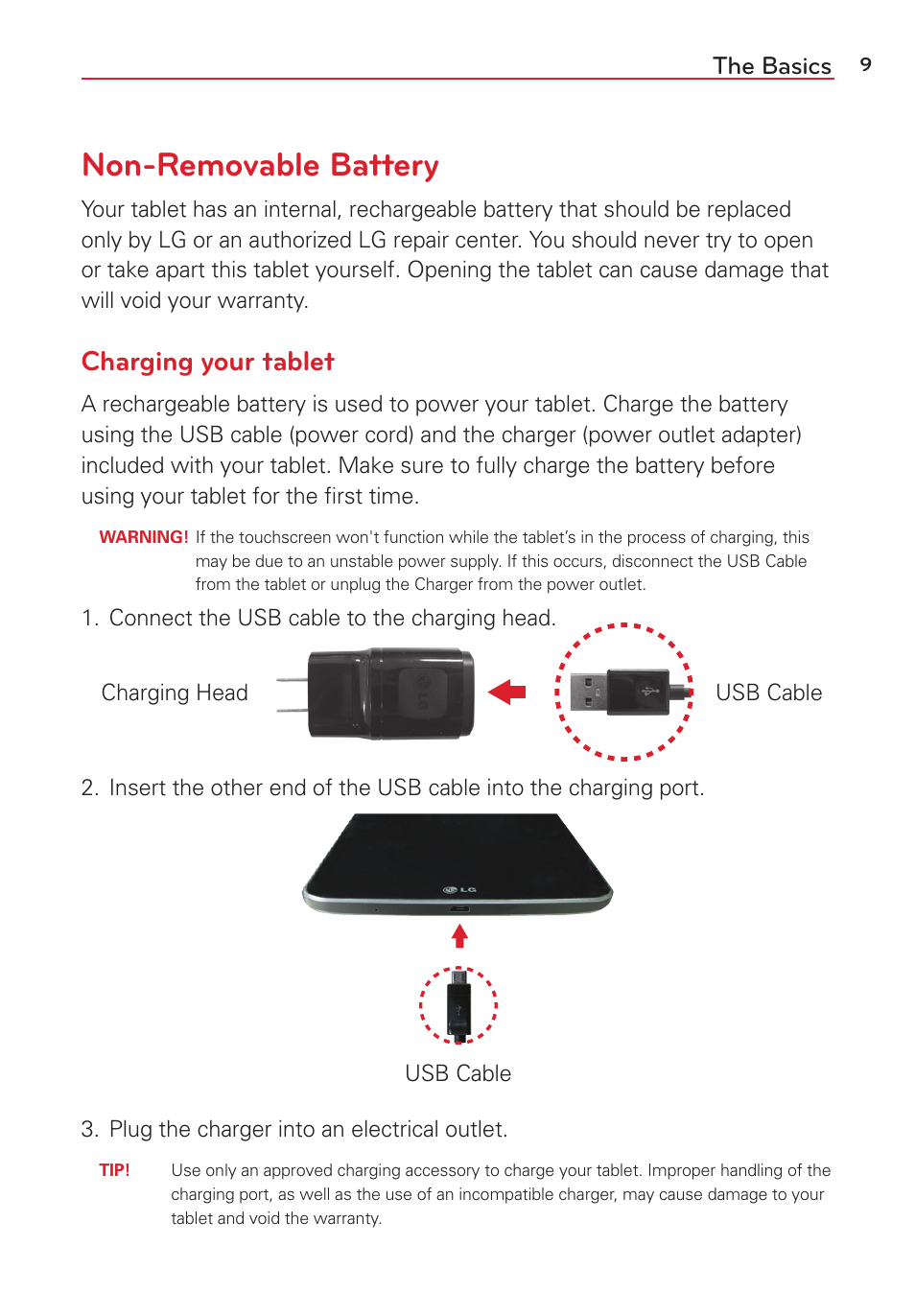 Non-removable battery, Charging your tablet, The basics | LG LGVK810 User Manual | Page 11 / 142