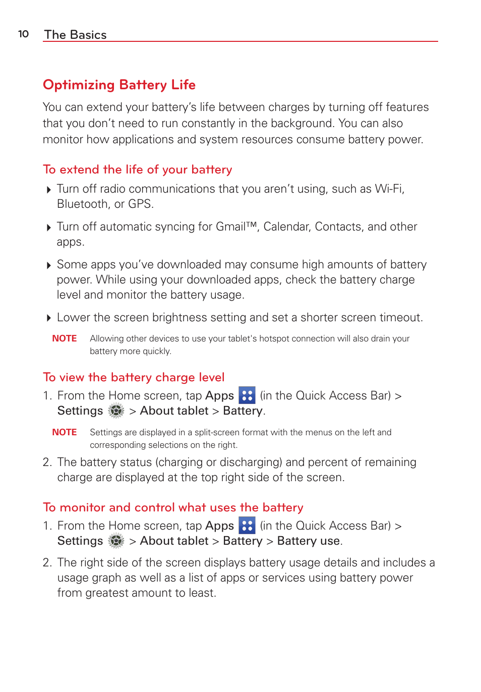 Optimizing battery life, The basics | LG LGVK810 User Manual | Page 12 / 142