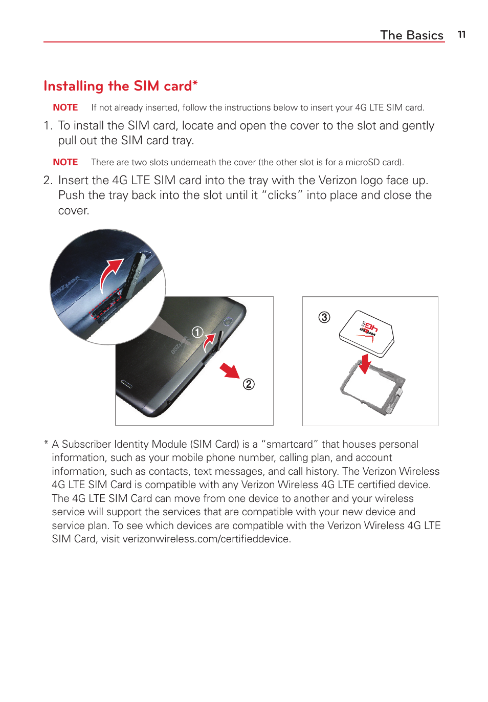 Installing the sim card, The basics | LG LGVK810 User Manual | Page 13 / 142