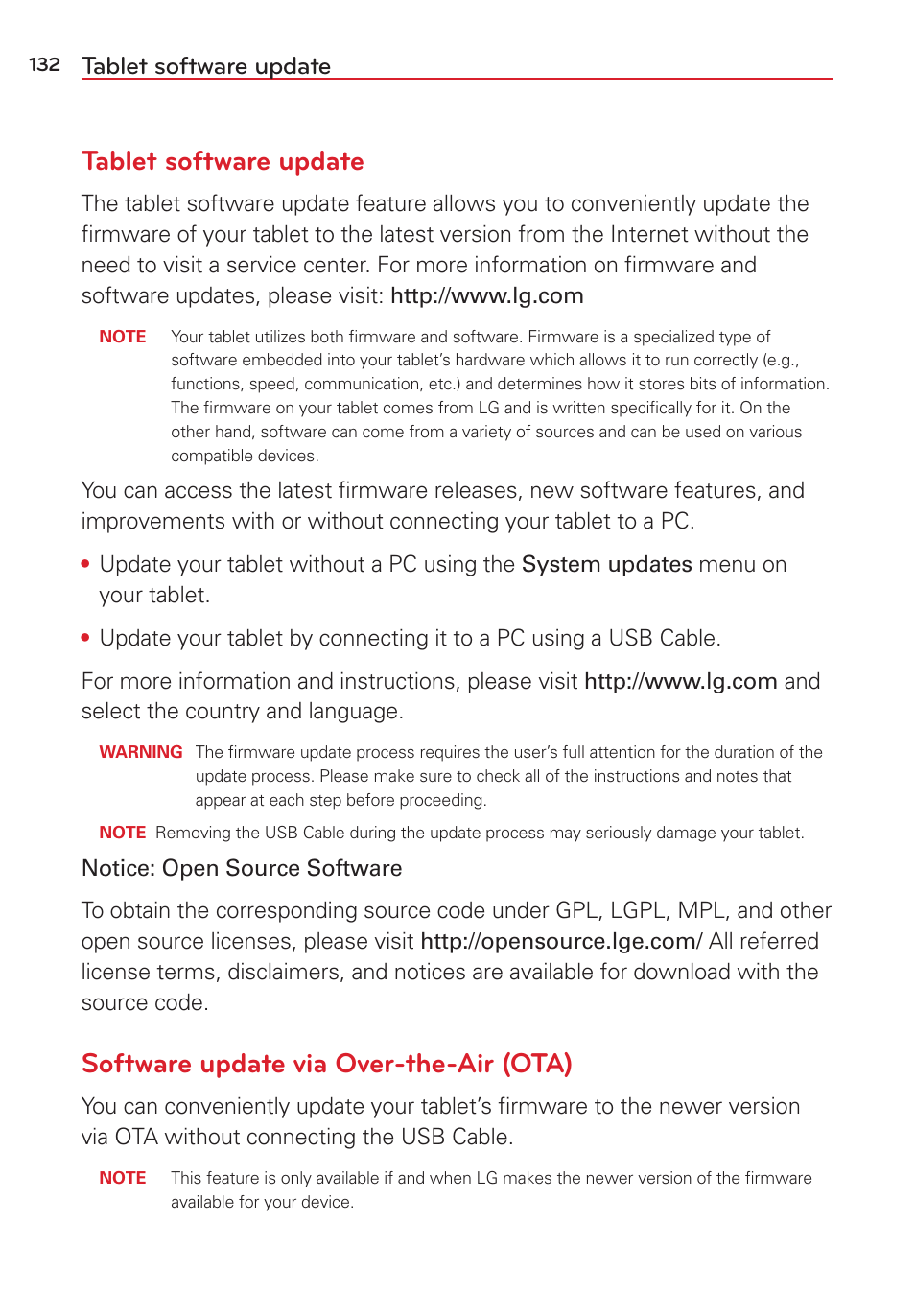 Tablet software update, Software update via over-the-air (ota) | LG LGVK810 User Manual | Page 134 / 142