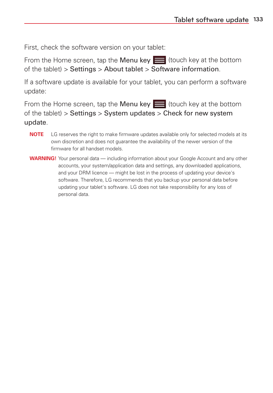 Tablet software update | LG LGVK810 User Manual | Page 135 / 142