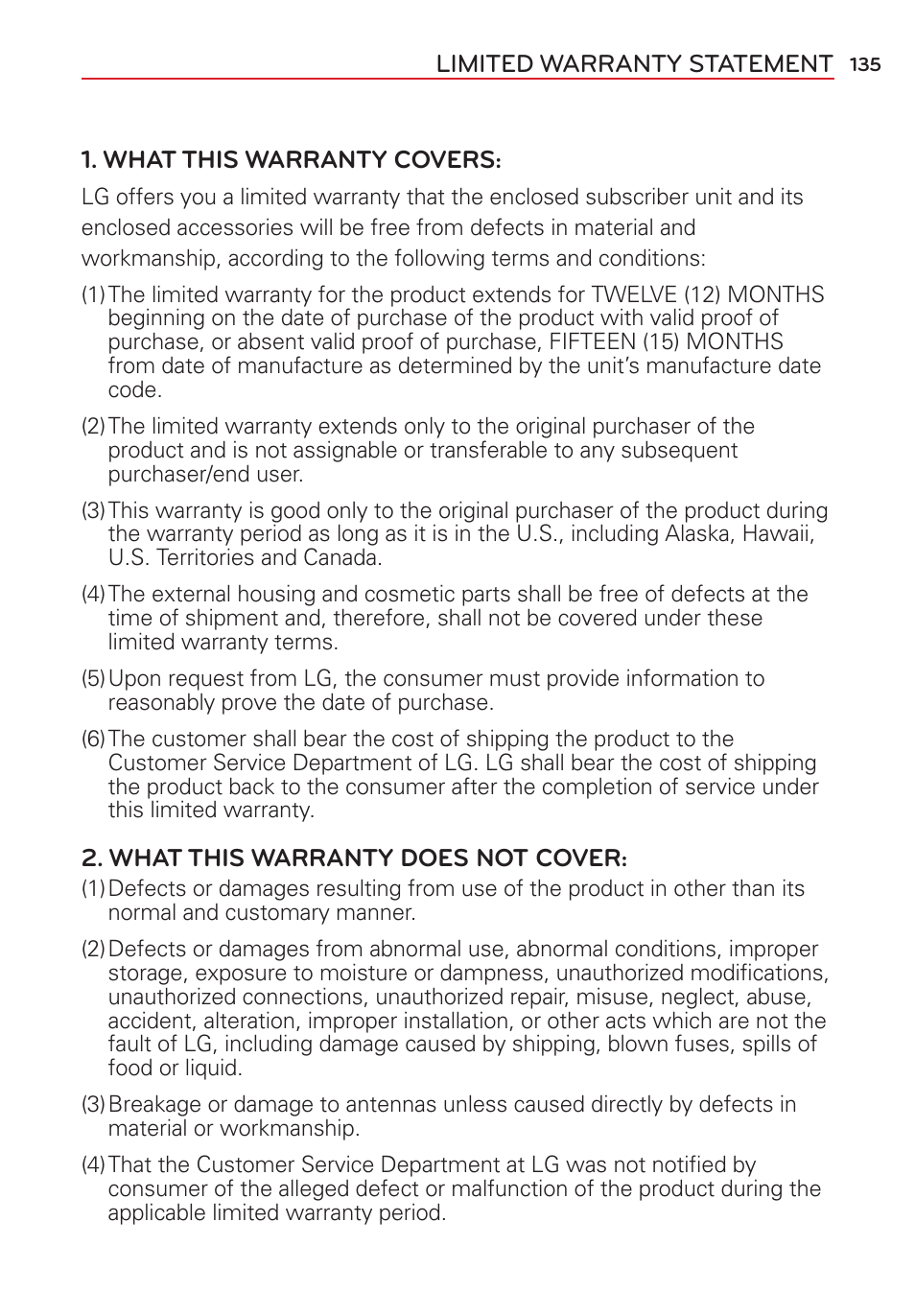 Limited warranty statement | LG LGVK810 User Manual | Page 137 / 142