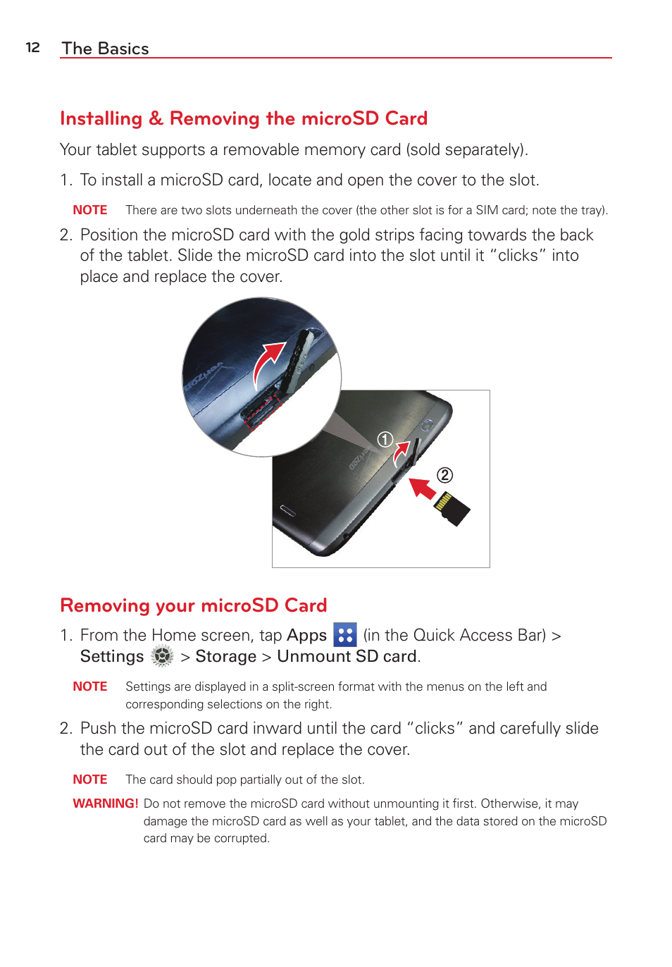 Installing & removing the microsd card, Removing your microsd card, The basics | LG LGVK810 User Manual | Page 14 / 142