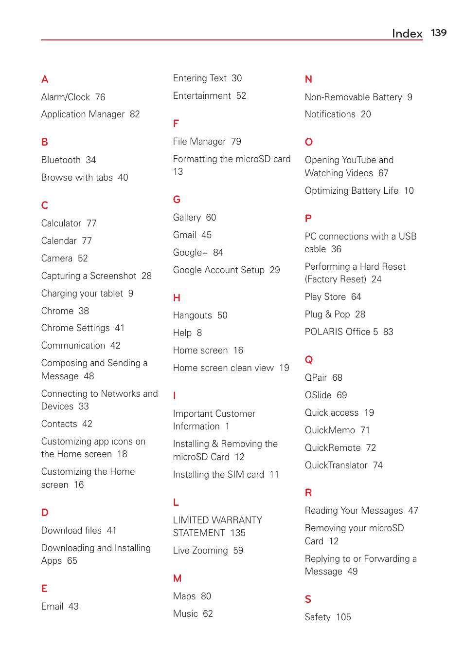 Index | LG LGVK810 User Manual | Page 141 / 142