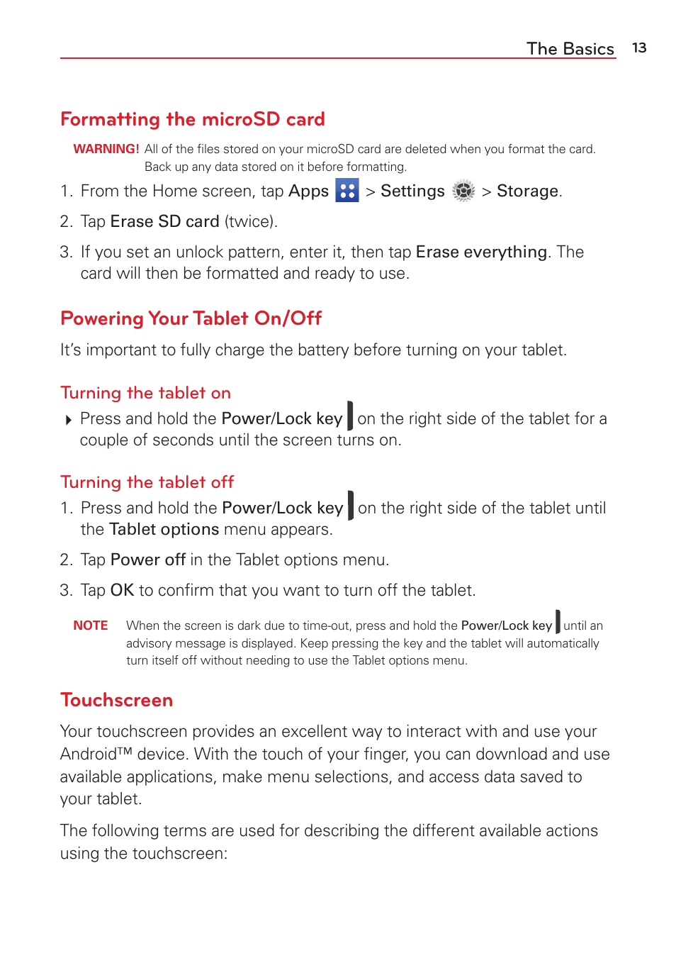 Formatting the microsd card, Powering your tablet on/off, Touchscreen | The basics, Turning the tablet on, Turning the tablet off | LG LGVK810 User Manual | Page 15 / 142