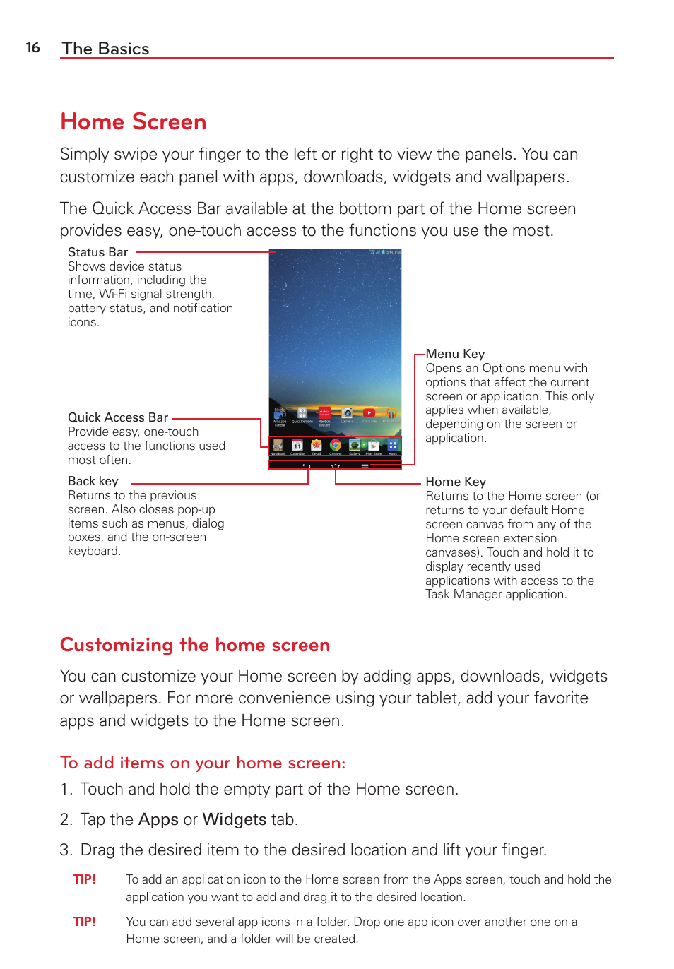 Home screen, Customizing the home screen, The basics | LG LGVK810 User Manual | Page 18 / 142