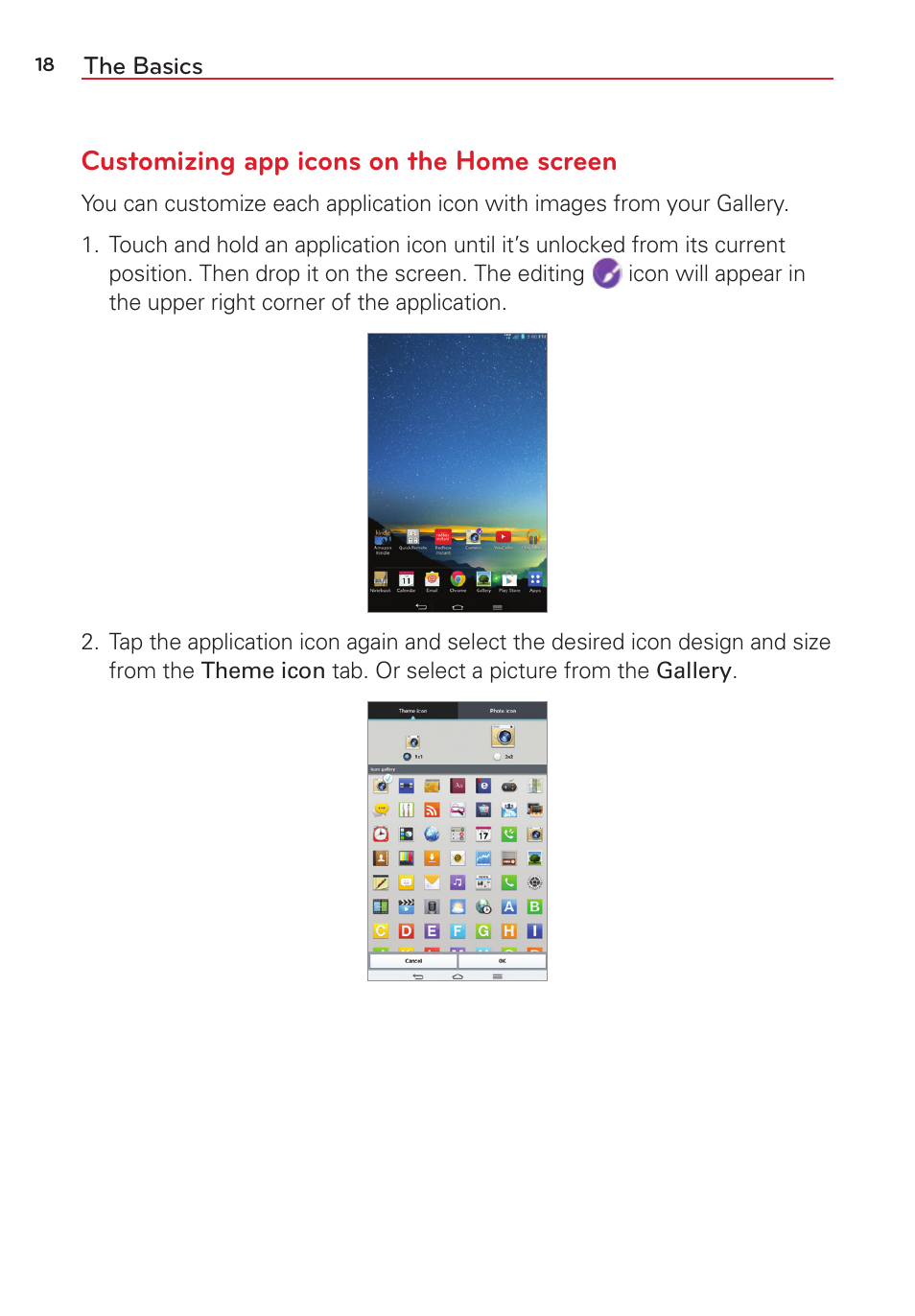 Customizing app icons on the home screen | LG LGVK810 User Manual | Page 20 / 142