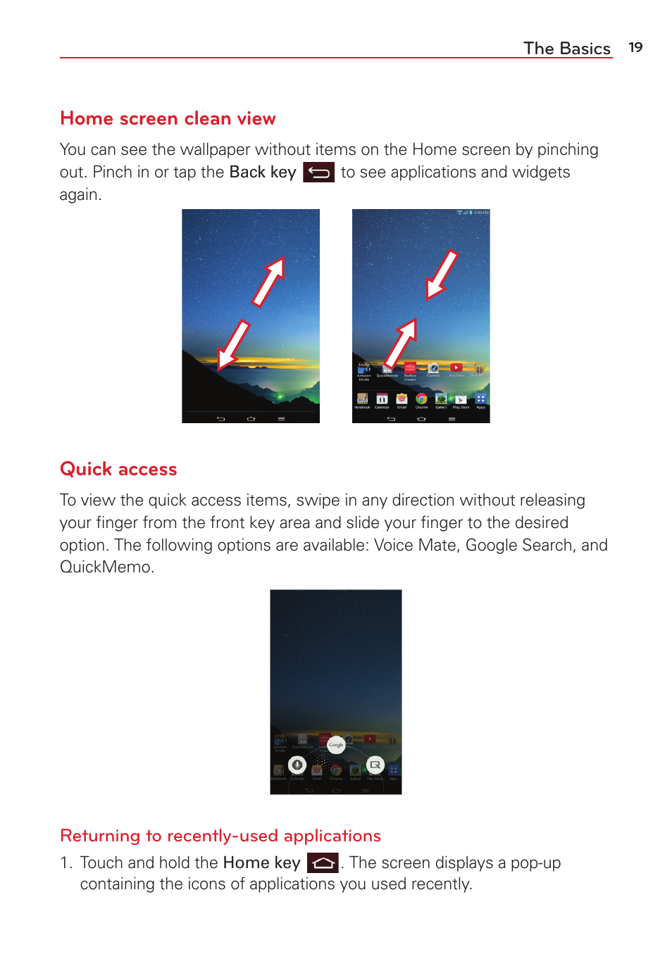 Home screen clean view, Quick access | LG LGVK810 User Manual | Page 21 / 142