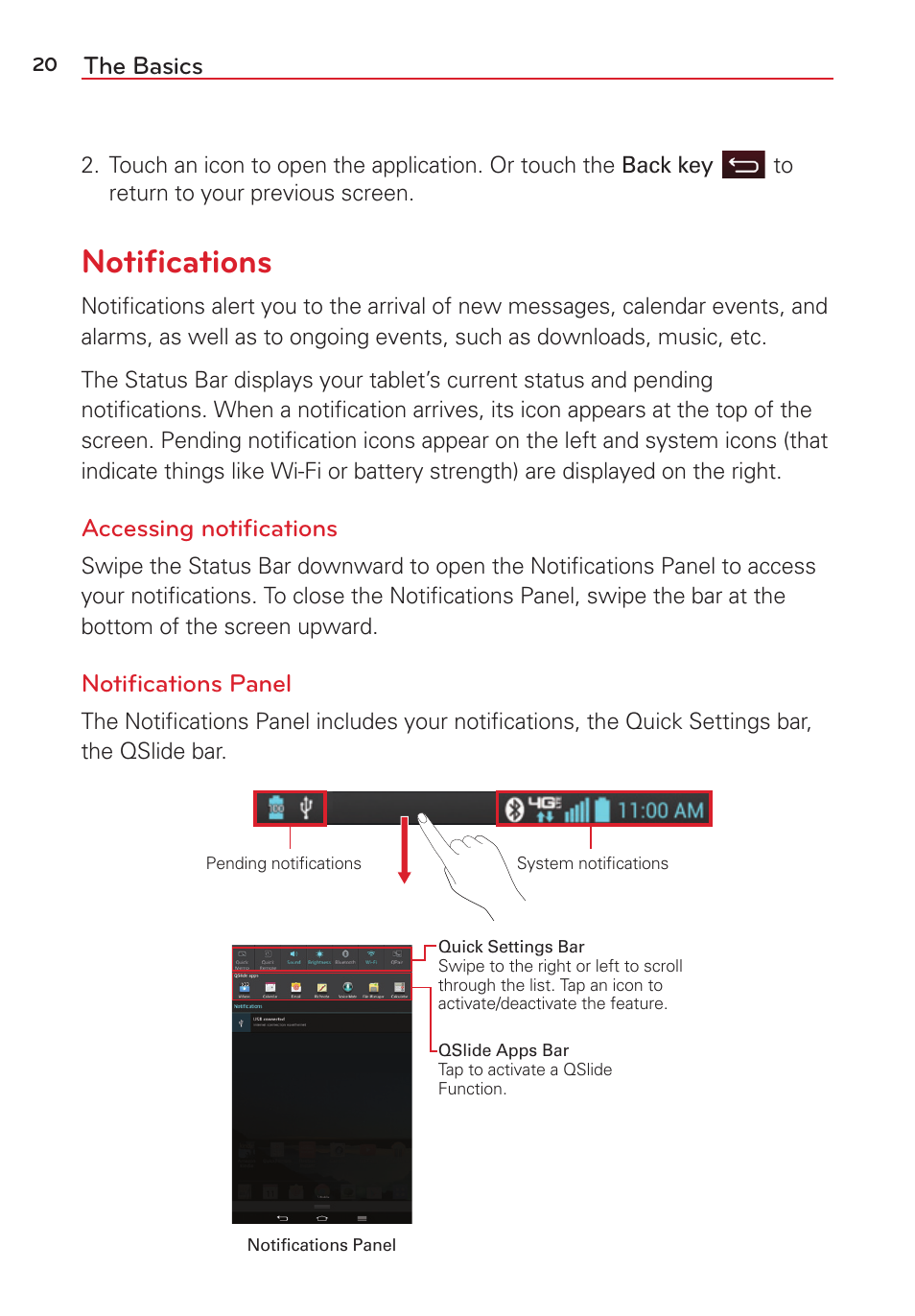 Notifications, Notiﬁcations, The basics | Accessing notiﬁcations, Notiﬁcations panel | LG LGVK810 User Manual | Page 22 / 142