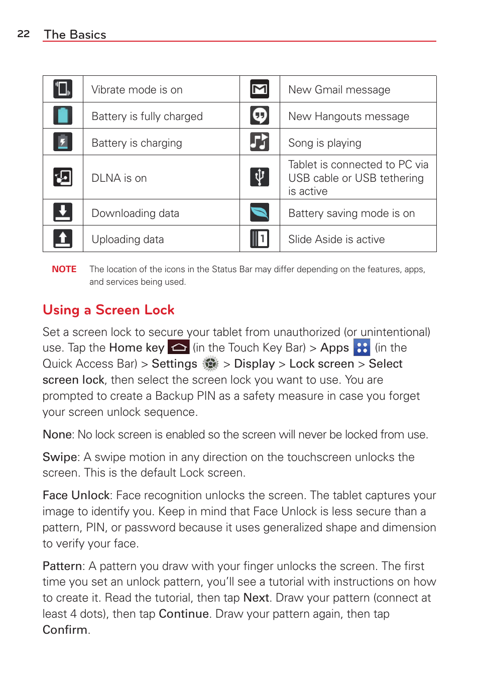 Using a screen lock, The basics | LG LGVK810 User Manual | Page 24 / 142